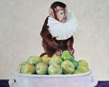 A Ruffed Monkey Caressing Apples, 2020, acrylic on paper, p.s. 18 x 15"