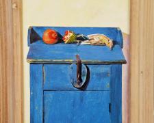 Pomegranates, Dead Passerine, Blue Cupboard, 2017, acrylic on panel, i.s. 12 1/2 x 8 1/2" / f.s. 15 3/4 x 12"