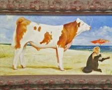 Young Simmental Bull and a Parasoled Monkey Enjoying the Gulf Shore, 2018, acrylic on panel, i.s. 6 x 11" / f.s. 8 1/2 x 13 1/2"