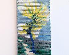 "The Rages: Fuming Tree", 2025, handwoven drawings on basswood with acrylic, ink, and colored pencil woven with cotton and silk, 14 x 8"