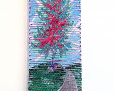 "The Rages: Pulsing Tree", 2025, handwoven drawings on basswood with acrylic, ink, and colored pencil woven with cotton and silk, 14 x 8"