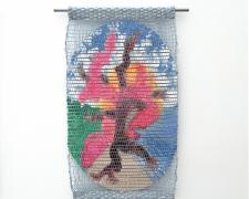 "The Rages: Running Tree", 2025, handwoven drawings on basswood with acrylic, ink, and colored pencil woven with cotton and metallic thread, 12 x 10"