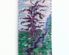 "The Rages: Spinning Tree", 2025, handwoven drawings on basswood with acrylic, ink, and colored pencil woven with cotton and silk, 14 x 8"