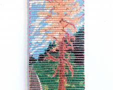 "The Rages: Warning Tree", 2025, handwoven drawings on basswood with acrylic, ink, and colored pencil woven with cotton and silk, 14 x 8"