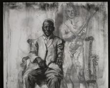 Man with Spartacus, 2010, charcoal, 56 x 47"