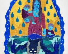 "The Tragedy of La Llorona", 2025, gun-tufted and hand-hooked yarns, ribbons, and silks on monks cloth, 51 x 45"
