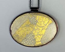 Heidi Gerstacker, "Landscape Wing Pendant with Chain", 2023, copper, enameled steel with 24k gold leaf, sterling silver cable chain, 2 3/4 x 2" with 20" chain