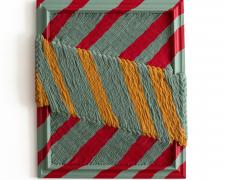 Lauren Salazar, "Circus", 2023, woven polyester, paint, rope, wooden frame, 23 x 19"