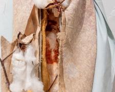 "Layered Existence", 2023, mixed media: intaglio, vintage wood ironing board, plantation cotton, 42 x 13 x 1 1/2" (Detail View 1)