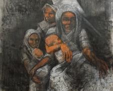 Refugees, 2020, acrylic, charcoal, silkscreen, 44 x 30"