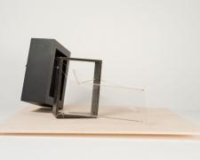 "Lightening [TFRS] An Understanding [Or No. 6]" (View 1), 2021, acrylic sheets, embroidery floss, clear cord, cardboard frame, wood frame, wood base, 12 x 12 x 6"