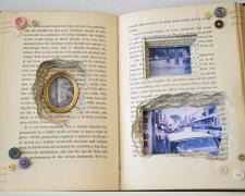 Sunni Forcier, "Looking Backward", 2018, bound book, found objects, 5 1/2 x 11 1/2 x 1 1/4"