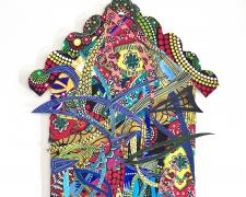 "Exuberant Home I", 2026, fabric, wallpaper, enamel, oil-based markers, paper, cardboard, foam board, 24 x 19"