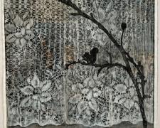 "A Fanciful Curtain for Children at Play", 2024, ink, chalk, charcoal, print media collage on paper, 22 x 20"