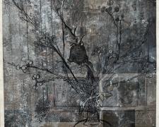 "A Foggy View That Comes and Goes", 2024, ink, charcoal, print media collage on paper, 20 x 20"