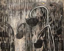 "A Gritty Fight", 2024, charcoal, chalk, print media collage on canvas, 48 x 36"