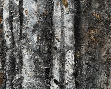 "Heartwood", 2023, ashes, seeds, oil, resins on wood panel, 16 x 16"