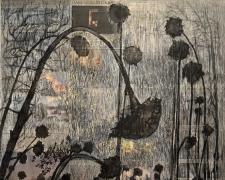 "In Darkness", 2024, oil pastels, print media collage on canvas, 48 x 36"