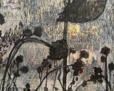 "In Darkness" (detail), 2024, oil pastels, print media collage on canvas, 48 x 36"