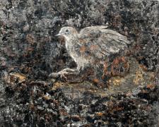 "Nightingale's Flight", 2024, seeds, ashes, oil, resins on torched wood, 12 x 12 1/2"