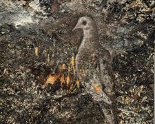 "On Watch", 2024, seeds, ashes, oil, resins on torched wood panel, 12 x 12"