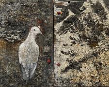"Peace and War", 2024, seeds, ashes, oil, resins on torched wood panel, 12 x 19" (diptych)
