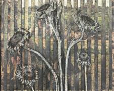 "They Are Here With Us Again", 2024, charcoal, pastel, collaged canvas, 16 x 12"