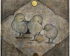 Lydia Bodnar-Balahutrak, "Three Chicks", 2022, inks, charcoal, coins, collaged paper, i.s. 11 1/2 x 10 1/2" / f.s. 17 1/4 x 16 1/4"