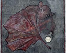 "Warnings", 2022, charcoal, ink, coin, collaged paper, i.s. 10 x 10 1/2"