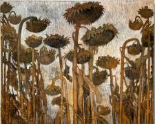 "What the Sunflowers Know", 2024, oil, resins, print media collage on distressed canvas, 52 x 48"