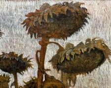 "What the Sunflowers Know" (detail), 2024, oil, resins, print media collage on distressed canvas, 52 x 48"