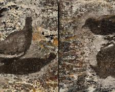 "Yearning for Home", 2023, seeds, resin, oil on torched wood panel, 12 x 25 1/2" (diptych)