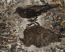 "Yearning for Home" (right panel detail), 2023, seeds, resin, oil on torched wood panel, 12 x 25 1/2" (diptych)