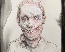 Smiling Head II, 2018, graphite, acrylic on panel, 7 x 5"