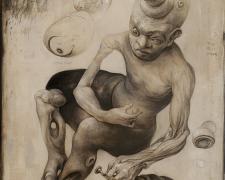 Mark Greenwalt, I Spot Eye Spot, 2021, graphite, acrylic on panel, 12 x 9 x 2.5"