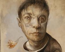 Mark Greenwalt, Floating Head, 2020, graphite, acrylic on panel, 12 x 9 x 2.5"