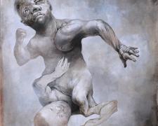 "Asymmetric Hero", 2022-2023, graphite and acrylic on panel, 14 x 11 x 2 1/2"