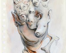 "Head with Eyespots", 2023, graphite and acrylic on paper, 8 x 6"