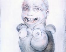 "Mouth with Polar Heads #2", 2023, graphite and acrylic on panel, 10 x 8 x 3"