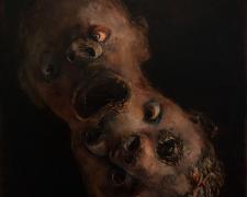 "Mouth with Polar Heads", 2023, acrylic on panel, 10 x 8 x 3"