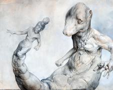"Orbital Entities", 2021, graphite and acrylic on panel, 11 x 30 x 4"