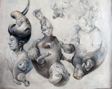 "Sacra Conversazione", 2023, graphite and acrylic on panel, 19 x 19 x 4"