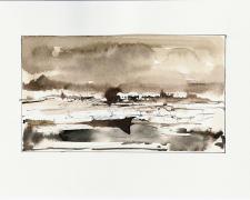 "Sepia Landscape", 2012, acrylic ink on paper, 6 x 10"