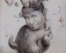 "Torso with Malignant Face", 2023, graphite and acrylic on panel, 19 1/2 x 17 3/4 x 2 3/4"