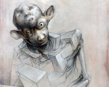 Mark Greenwalt, "Figure with Zoomorphic Head", 2024, graphite and acrylic on panel, 8 x 10 x 3"