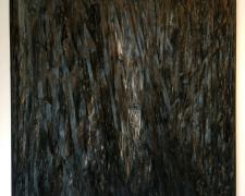 Untitled (May), 2018, cut and torn fiber glass mesh on canvas stretcher, 70 1/2 x 70 1/2"