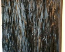 Untitled (May), 2018, cut and torn fiber glass mesh on canvas stretcher, 70 1/2 x 70 1/2"