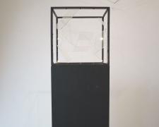 "Monolith [A Message From The Future]", 2021, aluminum frame, lucite sheets, clear cord, gold embroidery floss, LED lights, composite wood base, 18 x 21 x 57"