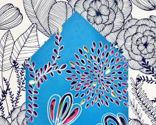 "Dondes estan las matas de mango?", 2025, layered hand cut painted paper, vintage wallpaper, 24 x 18”