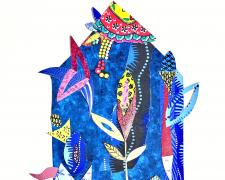 "Exuberant Home IV", 2026, fabric, wallpaper, enamel, oil-based markers, paper, cardboard, foam board, 24 x 19"